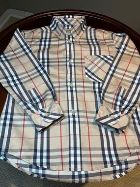 Burberry Kids Plaid Button-Down Shirt in Beige, Navy & Red